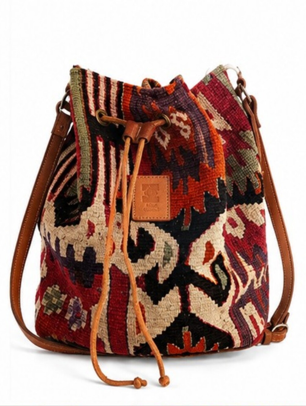 Boho Kilim Drawstring Bucket Bag - Multicolor